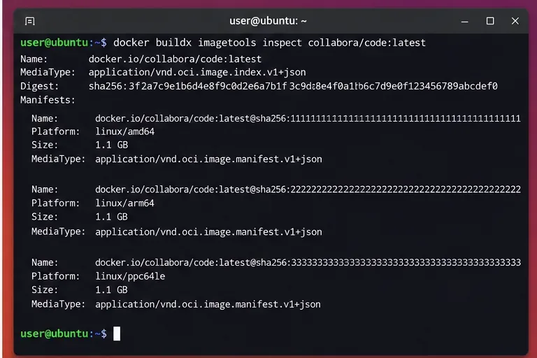 終端顯示了 Collabora CODE 映像的 Docker 清單列表,其中包含 linux amd64、linux arm64 和 linux ppc64le 變體。
