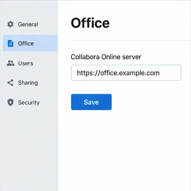 Collabora Online 서버 URL 입력란과 저장 버튼이 있는 오피스 관리 설정 패널입니다.