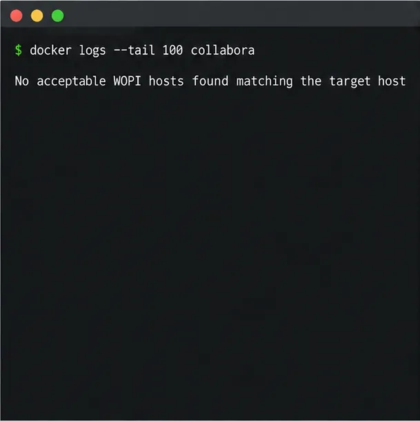 터미널에 `docker logs --tail 100 collabora` 명령과 WOPI 호스트 거부 메시지가 표시됩니다.