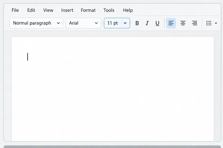 Barra de herramientas del editor de documentos al estilo Collabora con un campo editable para el tamaño de fuente que muestra 11 pt encima de una página de documento en blanco.