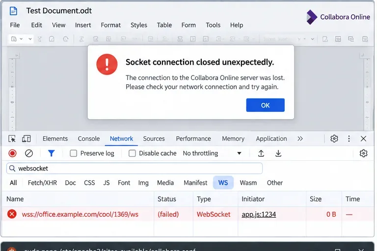 Collabora Online 文件窗口,瀏覽器開發者工具在「網路」標籤下顯示 WebSocket 要求失敗。
