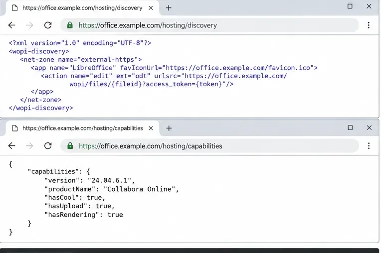 Collaboraホスティング検出XMLエンドポイントとホスティング機能JSONエンドポイントが正常に読み込まれたことを示すブラウザウィンドウ。