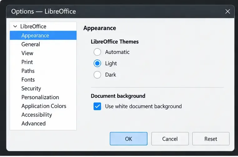 En la página Apariencia de las Opciones de LibreOffice, seleccione Claro y marque la opción Usar fondo blanco para el documento.