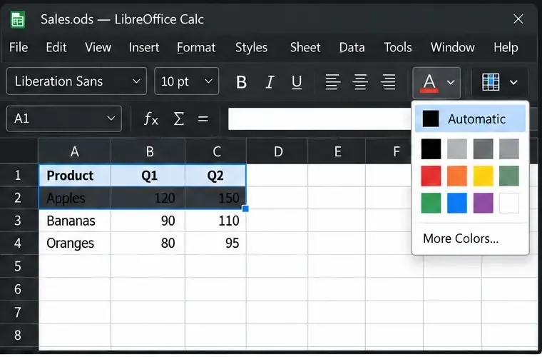 LibreOffice Calc con las celdas A1:C2 seleccionadas y la paleta de color de fuente abierta en la opción Automático.