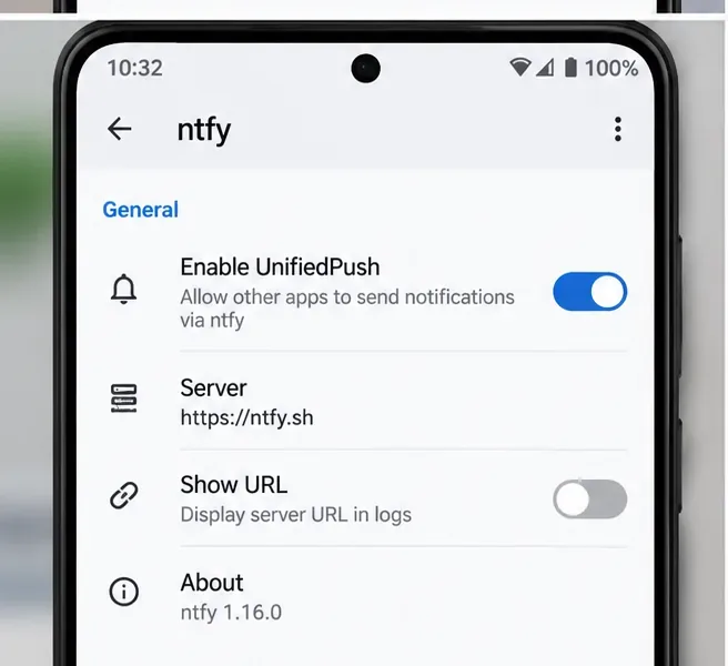 UnifiedPush 활성화가 켜져 있고 서버가 구성된 ntfy 설정 화면