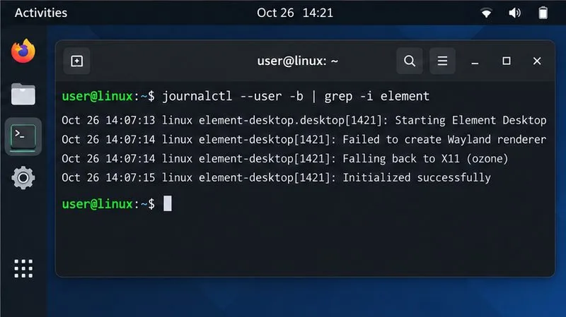 端末には、Element、Wayland、およびGPUメッセージにフィルタリングされたjournalctlコマンドが表示されます。