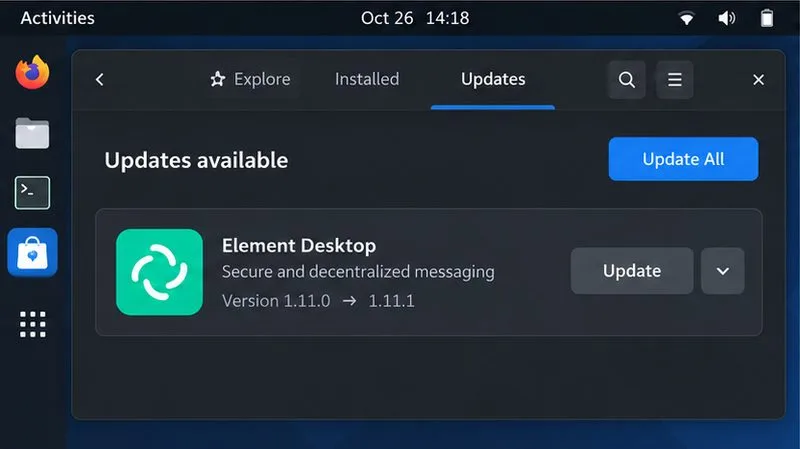 Linuxのソフトウェアアップデーターには、「更新」ボタン付きの「Element Desktop」という項目が表示されます。