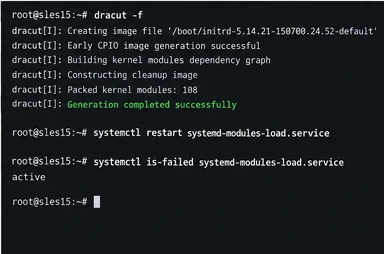 SLESターミナルの例：dracutによるinitramfsの再構築とそれに続くsystemdモジュールロードサービスの検証