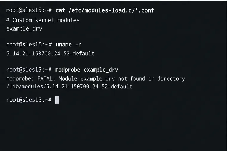 SLESターミナルの例：アクティブなカーネルバージョンと静的modules-load.dエントリ、およびmodprobeモジュールが見つからないエラーを比較する。