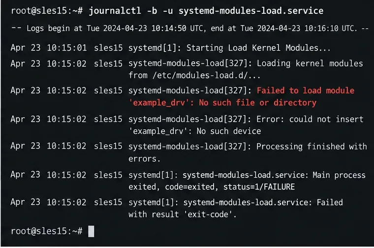 systemd-modules-load.service 内で発生する架空のカーネルモジュールロード失敗を強調した SLES journalctl の例