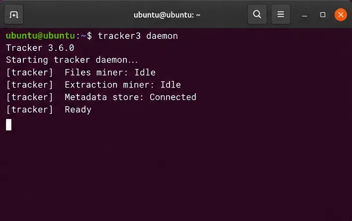 Terminale che visualizza il comando di stato del demone tracker3 e uno stato di inattività illustrativo di Files miner.