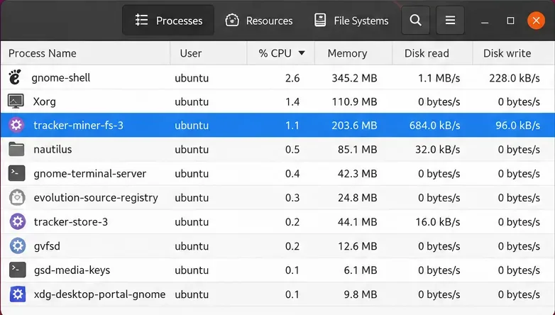 Elenco dei processi di Monitoraggio del sistema con tracker-miner-fs-3 selezionato nella tabella dei processi ordinati per CPU