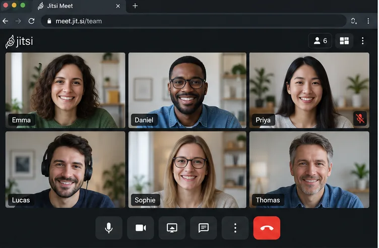 Una llamada de navegador al estilo Jitsi que muestra seis mosaicos de video de participantes y controles de la reunión.