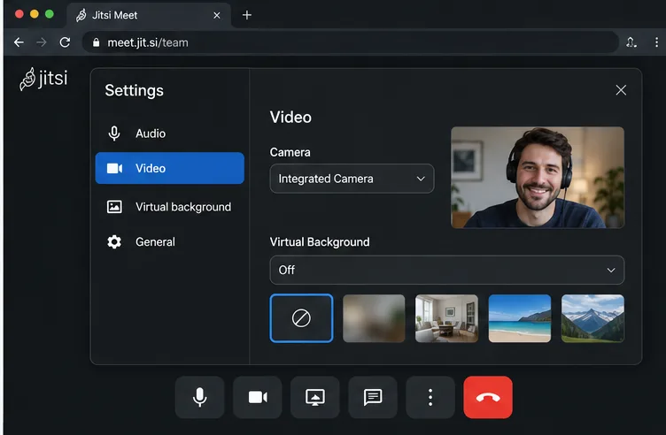 Un panel de configuración de vídeo al estilo Jitsi con el campo Fondo virtual configurado en Desactivado.