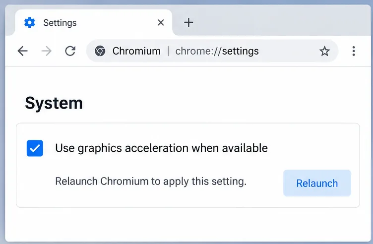 Una página de configuración del sistema Chromium que muestra la casilla de verificación "Usar aceleración gráfica cuando esté disponible" y un botón "Reiniciar".