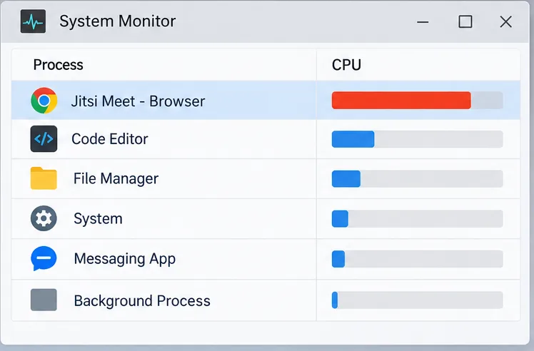 Un ejemplo de monitor del sistema con el proceso del navegador Jitsi Meet que muestra una barra de CPU más larga que los procesos cercanos.