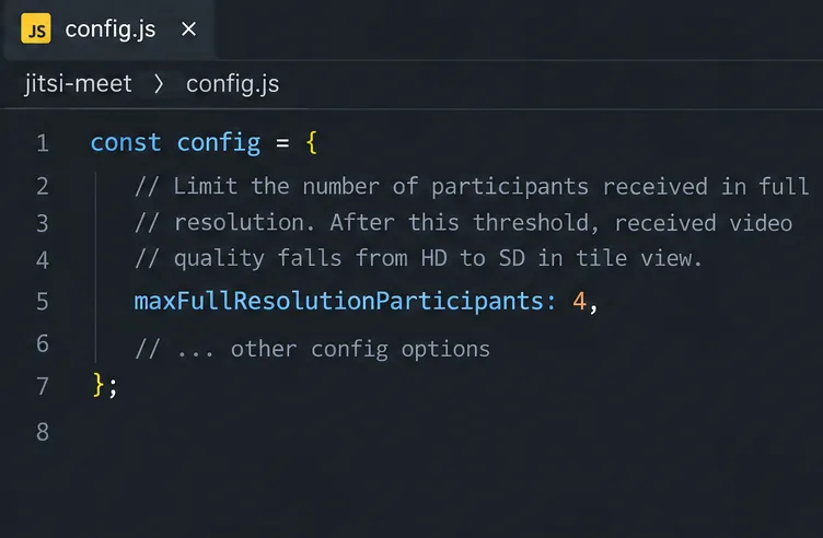 Un ejemplo de entrada en config.js que establece maxFullResolutionParticipants en cuatro