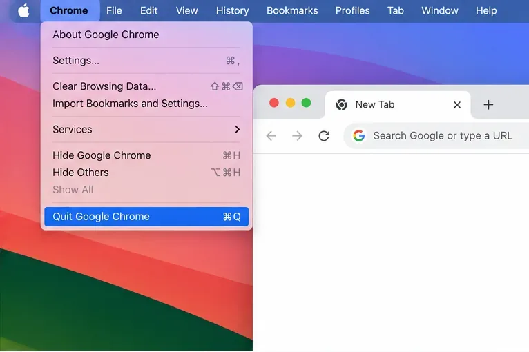 Ilustrowane menu aplikacji Google Chrome w systemie macOS z wybraną opcją Zamknij Google Chrome