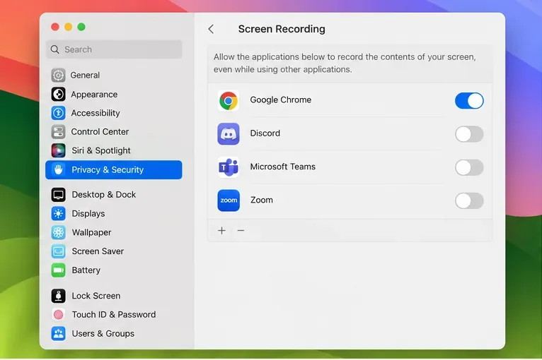 Ilustrowany panel nagrywania ekranu prywatności i bezpieczeństwa w systemie macOS z włączoną przeglądarką Google Chrome i innymi wymienionymi aplikacjami