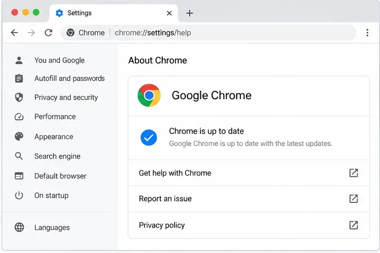 Ilustrowana strona „Informacje” przeglądarki Google Chrome pokazująca aktualny stan bez określonego numeru wersji