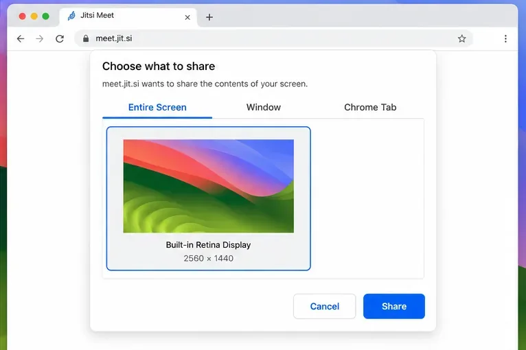 Ilustrujący selektor źródeł ekranu przeglądarki z możliwością wyboru całego ekranu, okna i karty Chrome