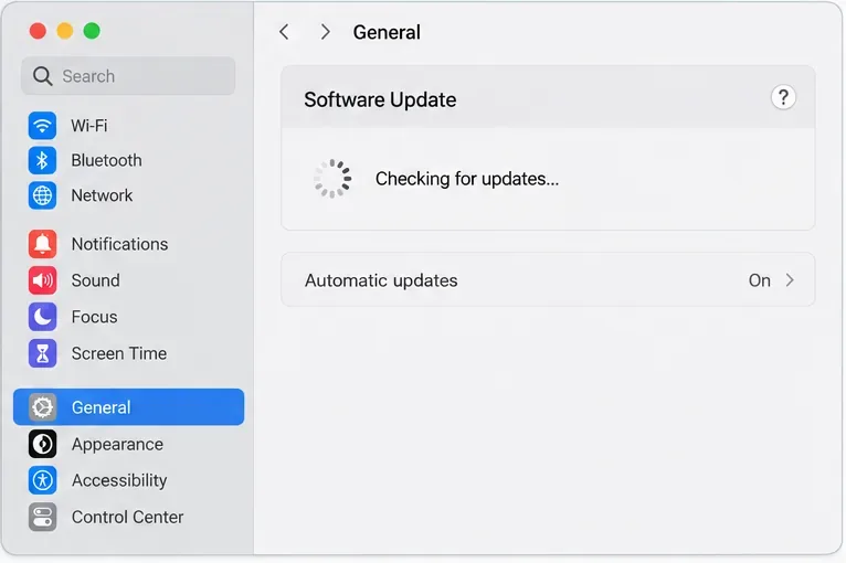 Ustawienia systemu macOS – panel Ogólne aktualizacje oprogramowania – sprawdzanie dostępności aktualizacji
