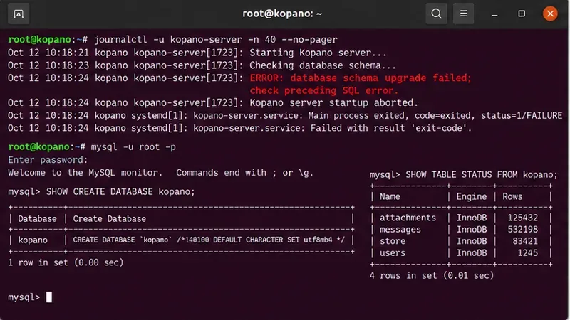 터미널에 Kopano 스키마 마이그레이션 오류가 표시되고, 이어서 SHOW CREATE DATABASE 및 SHOW TABLE STATUS 명령을 실행한 결과입니다.