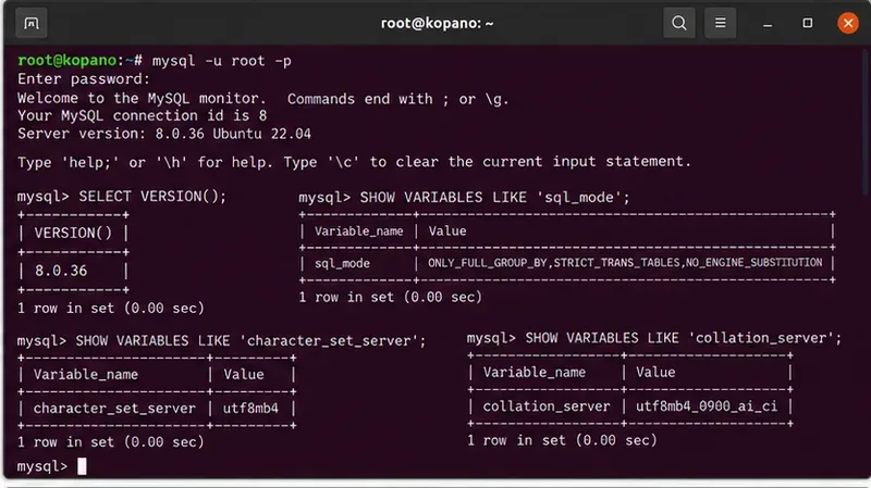 업그레이드 후 서버 버전, SQL 모드, 문자 집합 및 정렬 검사 결과를 보여주는 MySQL 터미널 화면