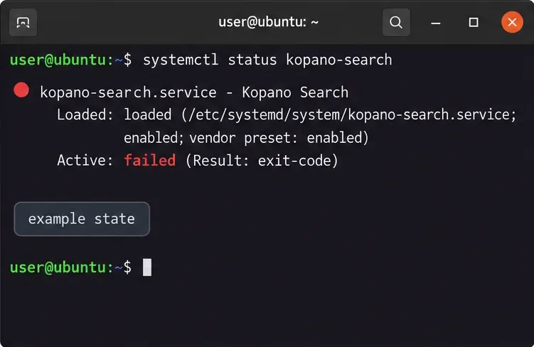 يعرض الطرفية حالة خدمة kopano-search باستخدام الأمر systemctl status، مع توضيح حالة فشل الخدمة.