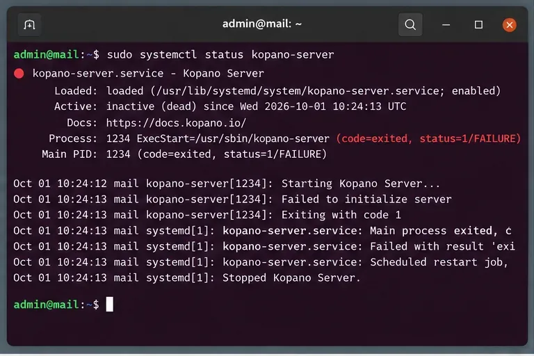 В терминале отображается сообщение systemctl status kopano-server, указывающее на сбой службы Kopano Server и недавние ошибки запуска.