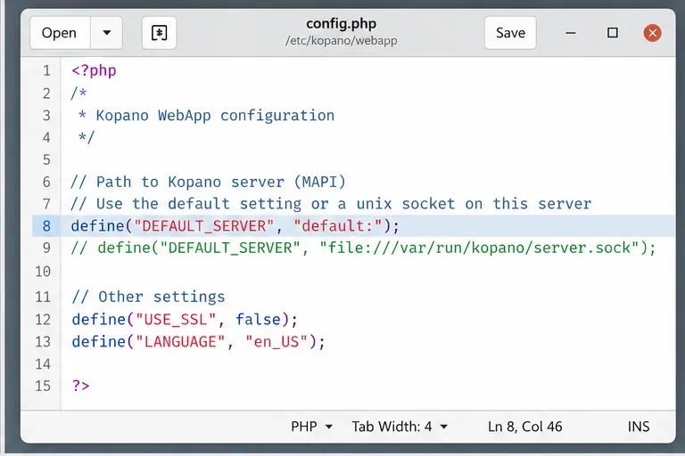 Редактор кода, демонстрирующий файл config.php веб-приложения Kopano с параметром DEFAULT_SERVER, установленным на значение default, и примером пути к сокету Unix.
