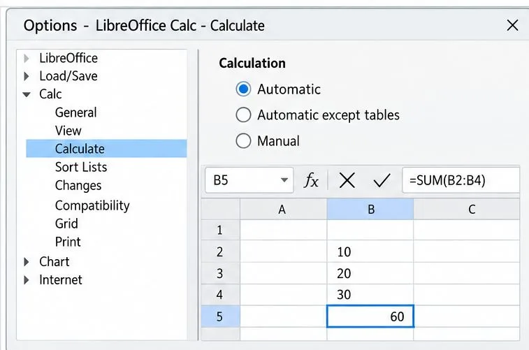 LibreOffice Calc 計算選項,選擇“自動”,使用 SUM 公式計算 10、20 和 30 的結果,結果為 60。