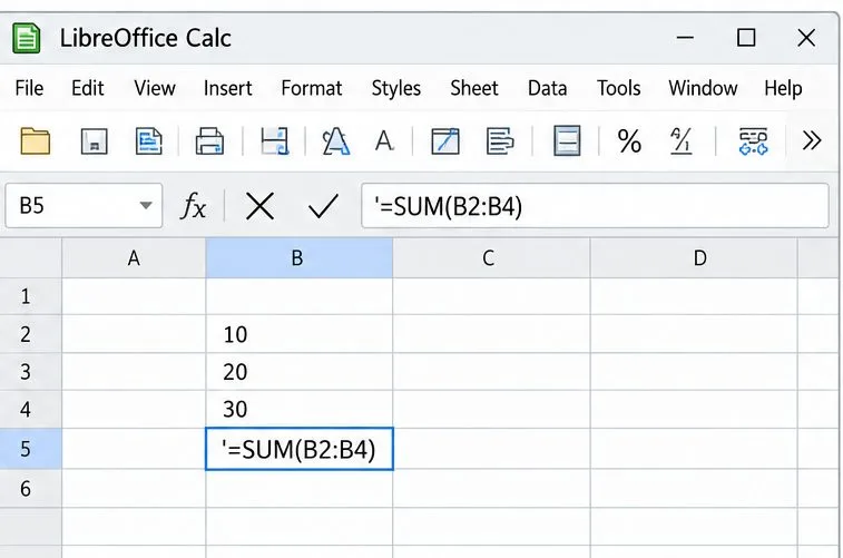 Calc 公式欄和選取儲存格均顯示文字“=SUM(B2:B4)”,包括前導撇號。