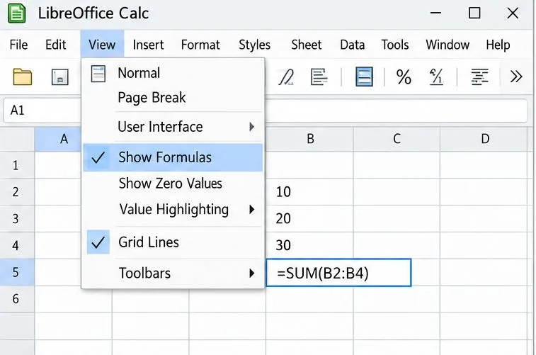 LibreOffice Calc 視圖選單選取「顯示公式」時,儲存格顯示 =SUM(B2:B4)。