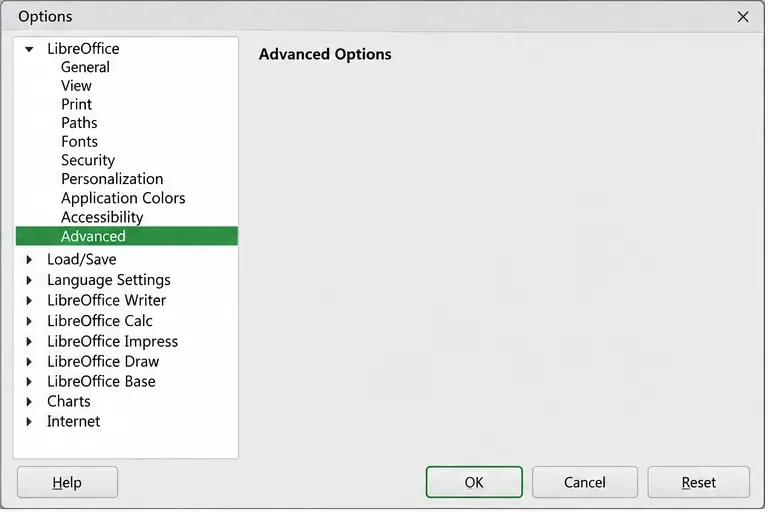 Ventana de Opciones de LibreOffice con la opción Avanzado seleccionada en el panel de navegación izquierdo.
