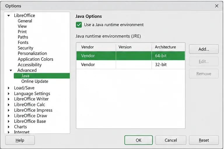 Panel de opciones de Java de LibreOffice que muestra entradas genéricas de tiempo de ejecución de 64 y 32 bits en una lista de tiempos de ejecución instalados.