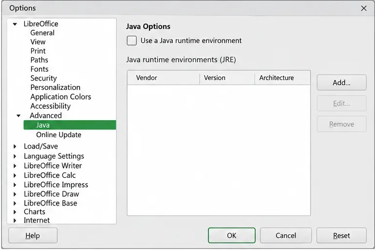 Panel de opciones de Java de LibreOffice con la casilla de verificación "Usar un entorno de ejecución de Java" desactivada.