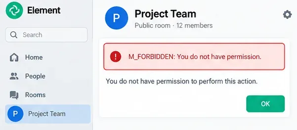 Pantalla de sala de Matrix de estilo Elemento Representativo que muestra un error de permiso M_FORBIDDEN