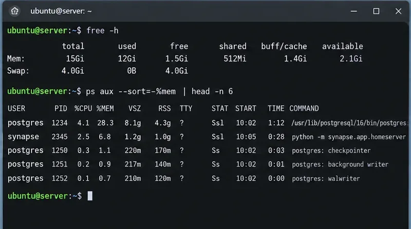 Terminal de Linux que muestra la memoria libre, el espacio de intercambio, los procesos de PostgreSQL y el proceso de Synapse mientras se establece una línea base de uso de memoria.