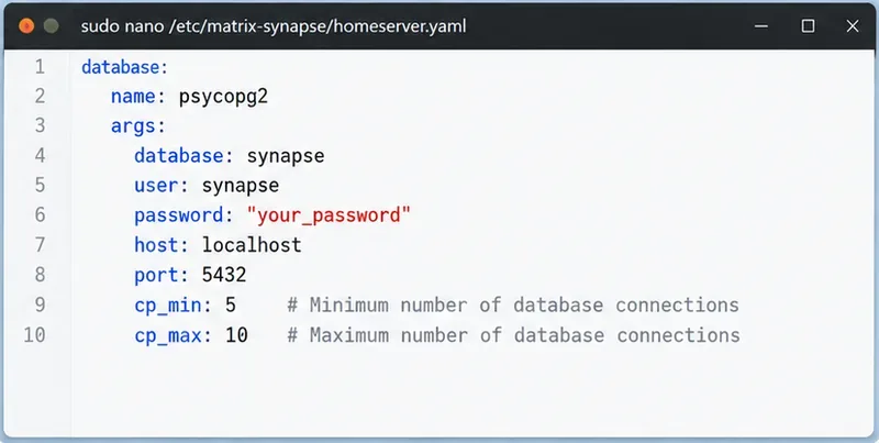 Sección de la base de datos del archivo Synapse homeserver.yaml que muestra la configuración del pool de conexiones de PostgreSQL cp_min y cp_max