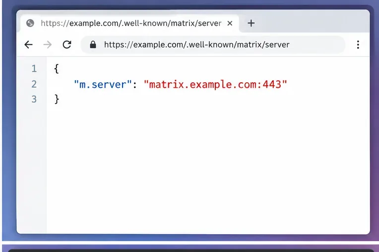 ブラウザに、Matrixサーバーの既知の応答が表示され、フェデレーションをmatrix.example.comのポート443に委任する。