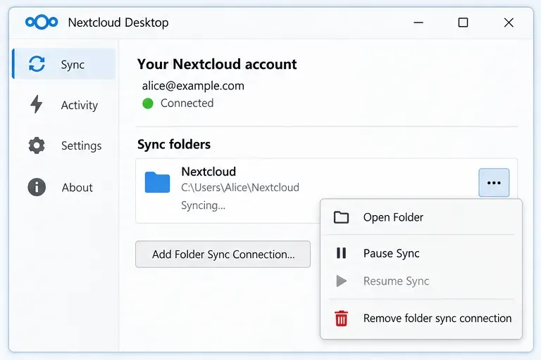 Nextcloudの同期フォルダメニューには、「フォルダを開く」、「同期を一時停止」、「同期を再開」、「フォルダ同期接続を削除」が表示されます。