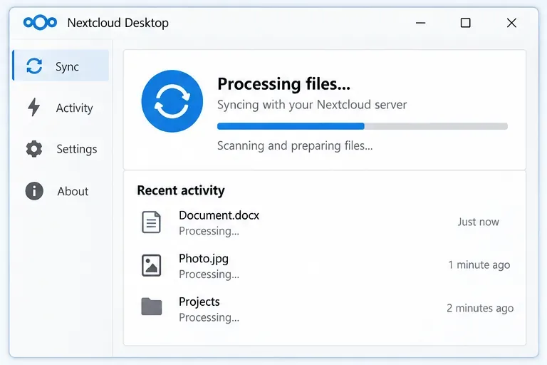 Nextcloud Desktop は、最近アクティビティがあり、青色の同期進行状況インジケーターが表示されているファイルを処理中です。
