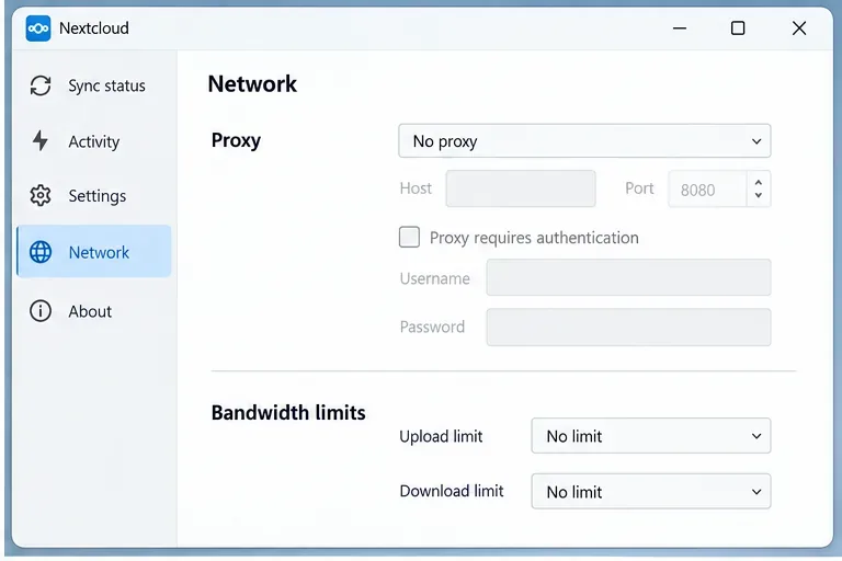 Nextcloudのネットワーク設定には、プロキシ構成とアップロードおよびダウンロードの帯域幅制限が表示されます。