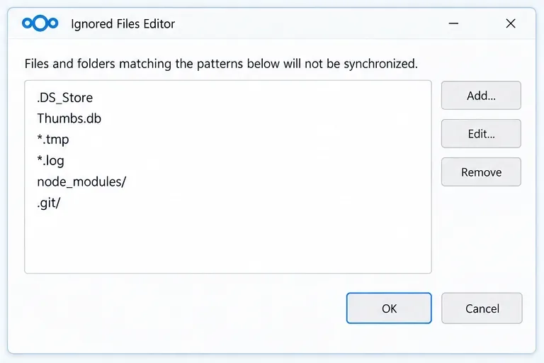 Nextcloudの無視ファイルエディターでは、除外パターンを一覧表示し、追加、編集、削除のコントロールを提供します。