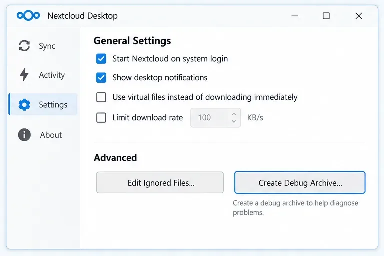 Nextcloudの一般設定（無視するファイルの編集とデバッグアーカイブの作成ボタン付き）
