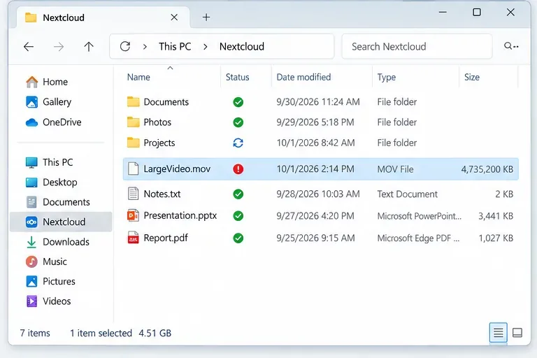 WindowsファイルエクスプローラーにNextcloudフォルダーが表示され、その中にエラーアイコンが付いた大きな動画が1つ入っています。