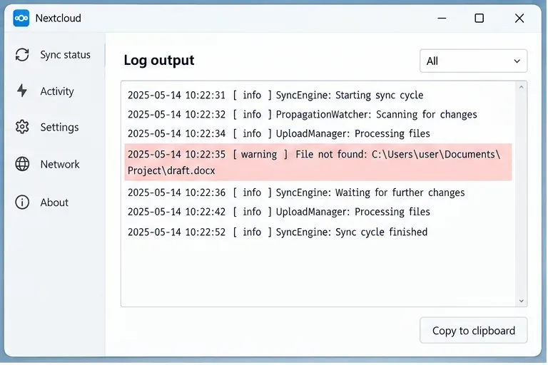 Nextcloudのログ出力ウィンドウに、同期エンジンメッセージの中にファイル警告が強調表示されている。