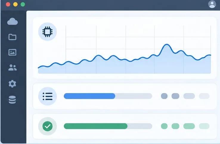 CPU使用率グラフと2つのキュー進捗バーを備えた汎用的な監視画面。