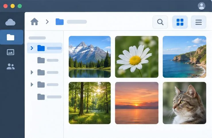 クラウドファイルギャラリーに、フォルダビューで6つの画像サムネイルを表示。